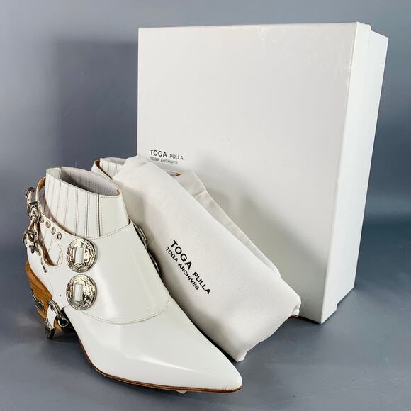 TOGA PULLA Size 8.5 White Silver Leather Pull On Western Harness Boots - Picture 9 of 10